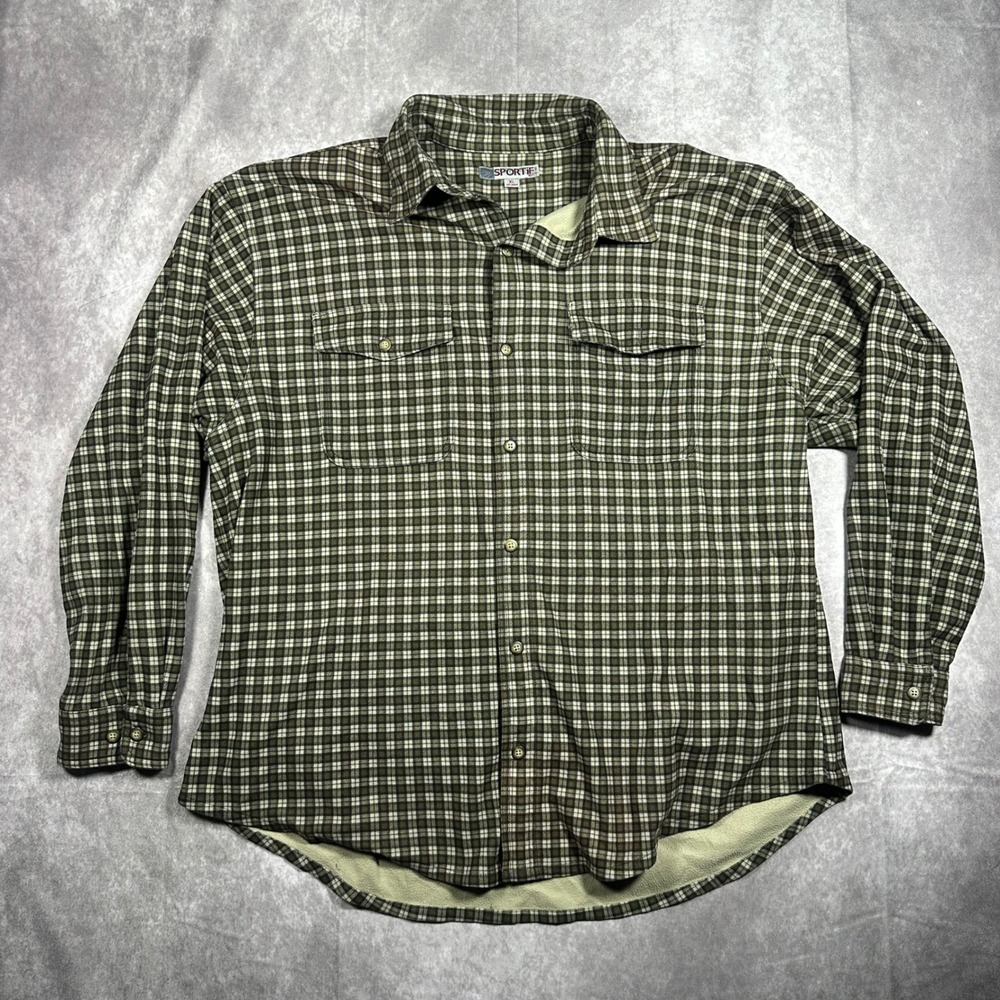 Sportif Performance Mens XL Fleece Lined Flannel Shacket Green Plaid Long Sleeve
